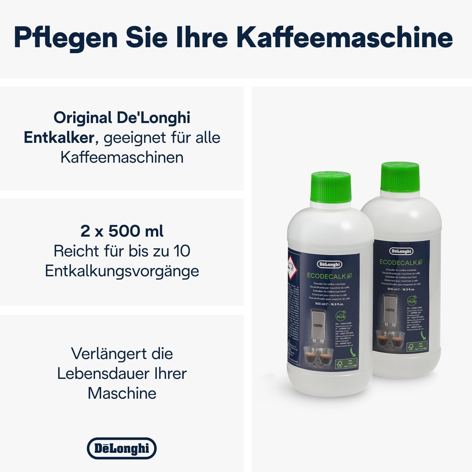 De'Longhi Original Ecodecalk Dlsc502-Entkalker Für Kaffeemaschinen & Kaffeevollautomaten,Exklusiv BEI Amazon,Universal Kalklöser Für 10 Entkalkungsvorgänge,Enthält Natürliche Rohstoffe,2X500Ml,Weiß