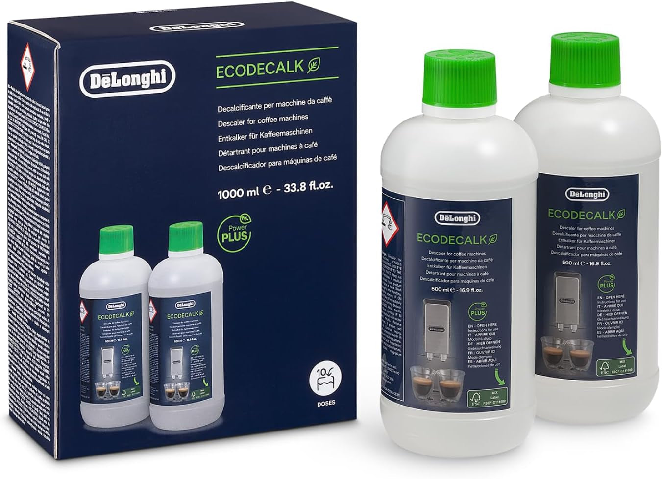 De'Longhi Original Ecodecalk Dlsc502-Entkalker Für Kaffeemaschinen & Kaffeevollautomaten,Exklusiv BEI Amazon,Universal Kalklöser Für 10 Entkalkungsvorgänge,Enthält Natürliche Rohstoffe,2X500Ml,Weiß